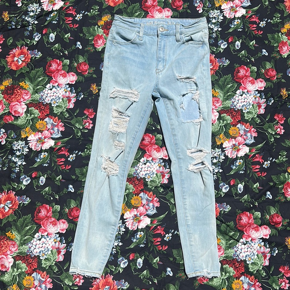 American Eagle Super high rise jegging crop 360 next level stretch light wash 0